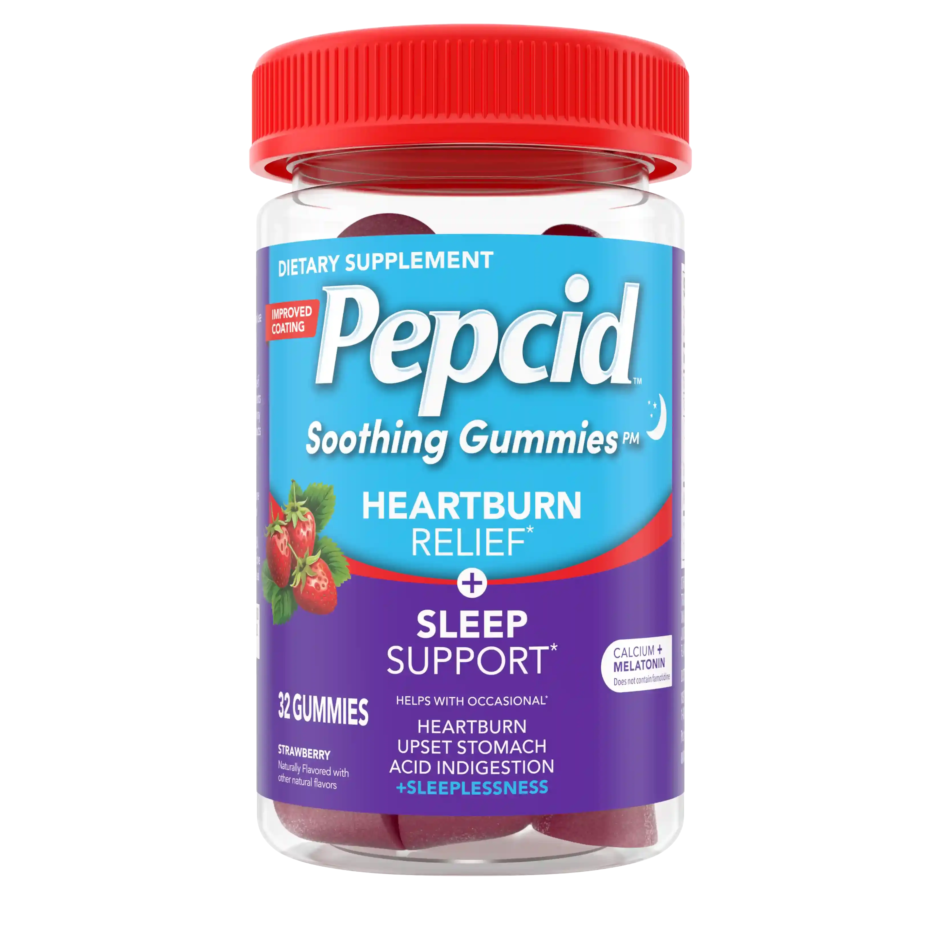 PEPCID® Soothing Gummies, Heartburn Relief + Sleep Support front of bottle