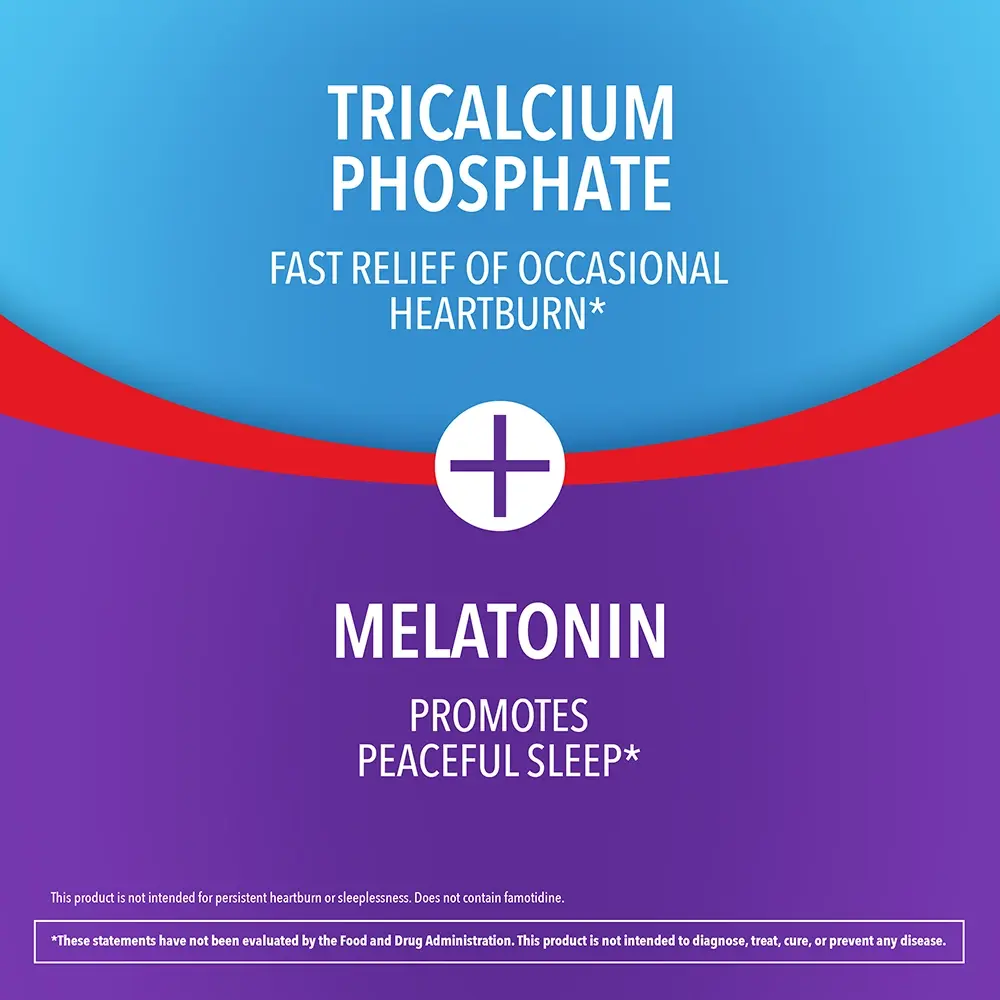 Heartburn relief with Tricalcium Phosphate and Melatonin, supporting restful sleep in a dietary supplement.