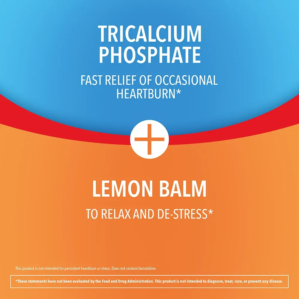 Tricalcium Phosphate formula for fast heartburn relief and stress relief from lemon balm, set against a blue and orange background