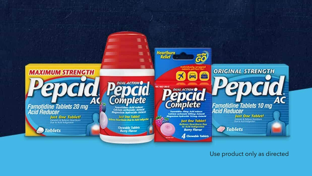 Pepcid AC Maximum Strength, Pepcid Complete, Pepcid Complete Travel, and Pepcid AC Original Strength