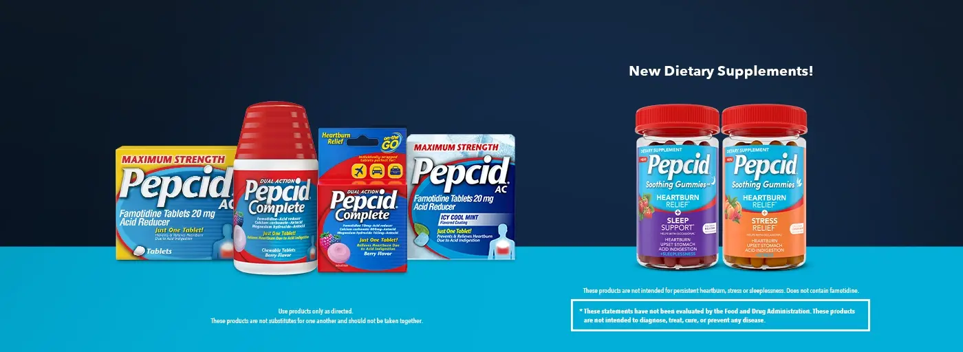 A collection of Pepcid AC Maximum Strength & Pepcid Complete products lined up in a row