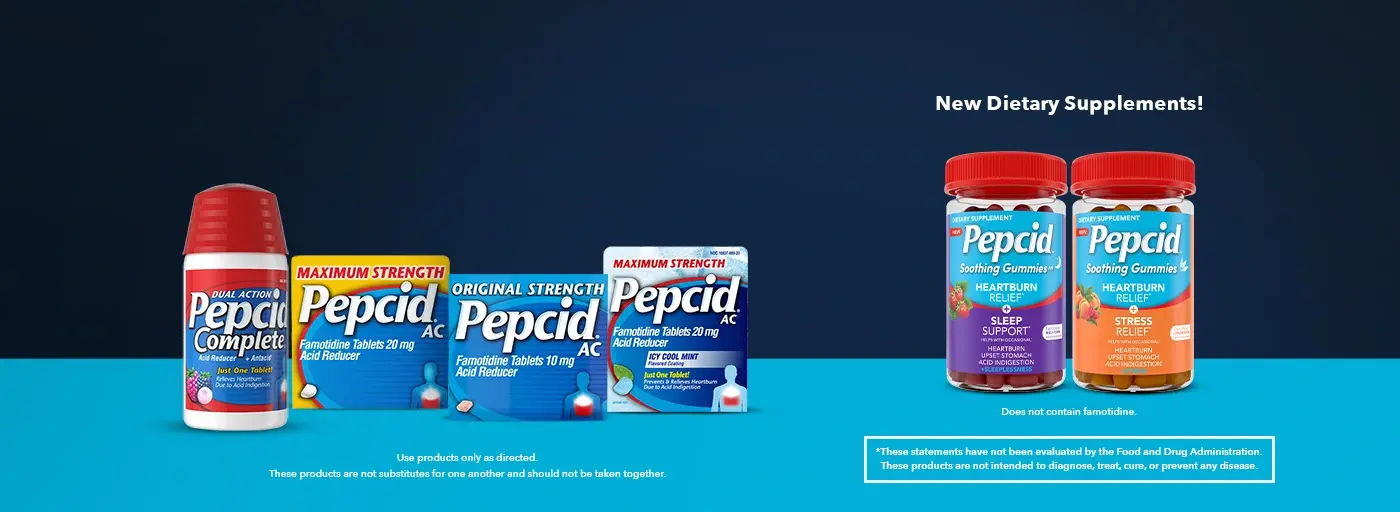A collection of Pepcid AC Maximum Strength & Pepcid Complete products lined up in a row