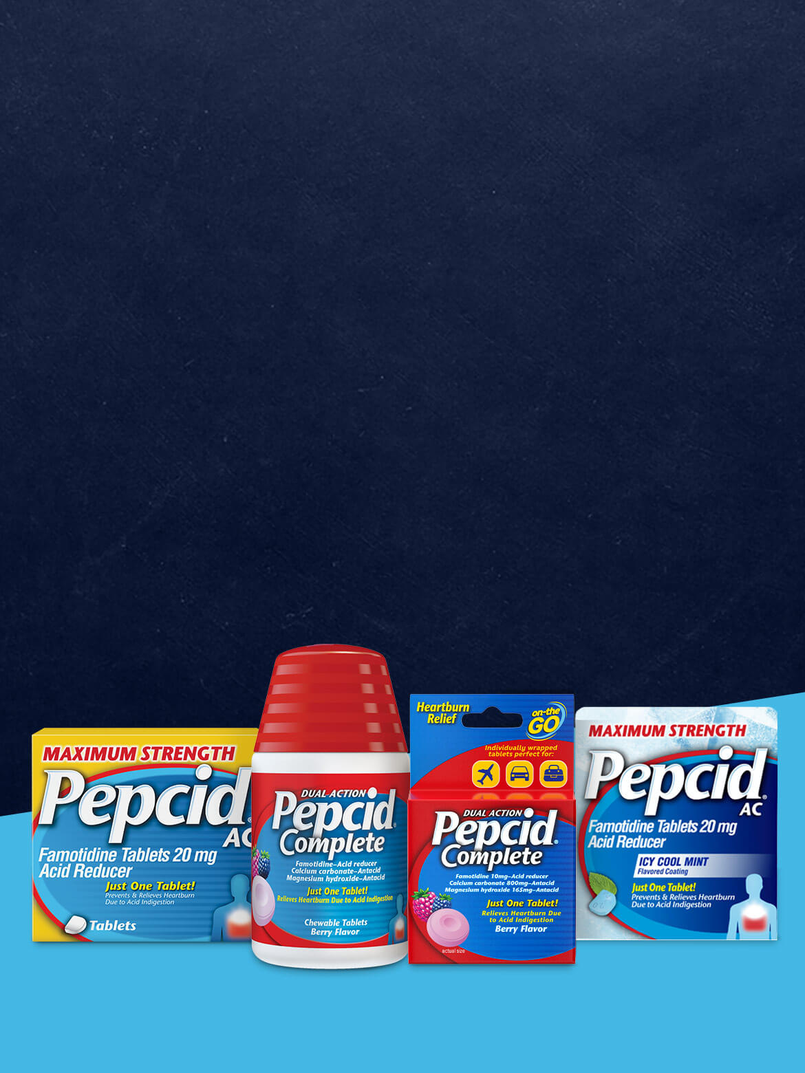 A collection of Pepcid AC Maximum Strength & Pepcid Complete products lined up in a row