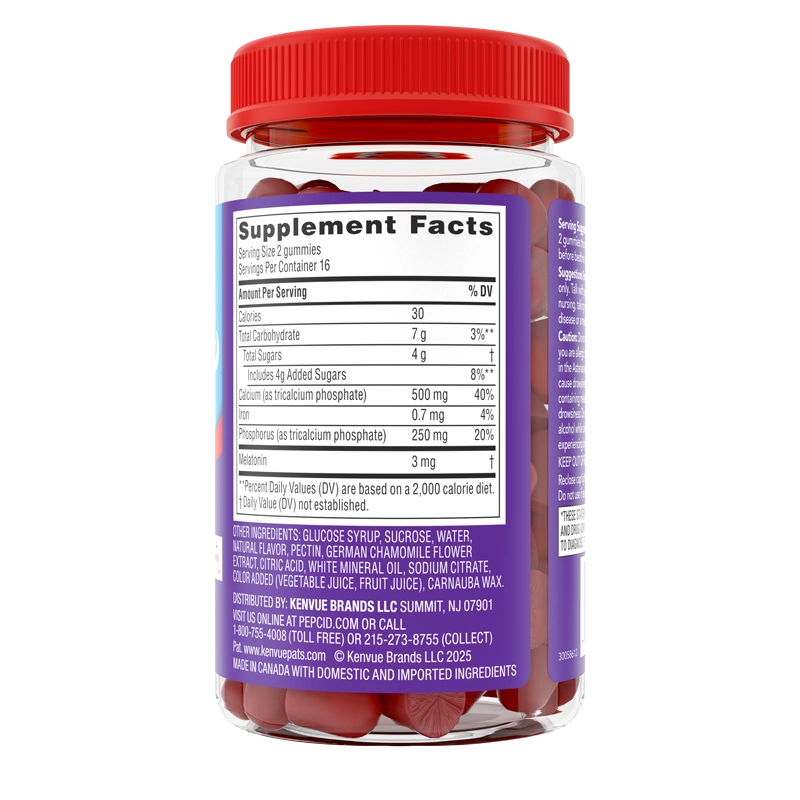 PEPCID Soothing Gummies Heartburn + Sleep front of bottle rotated to the side