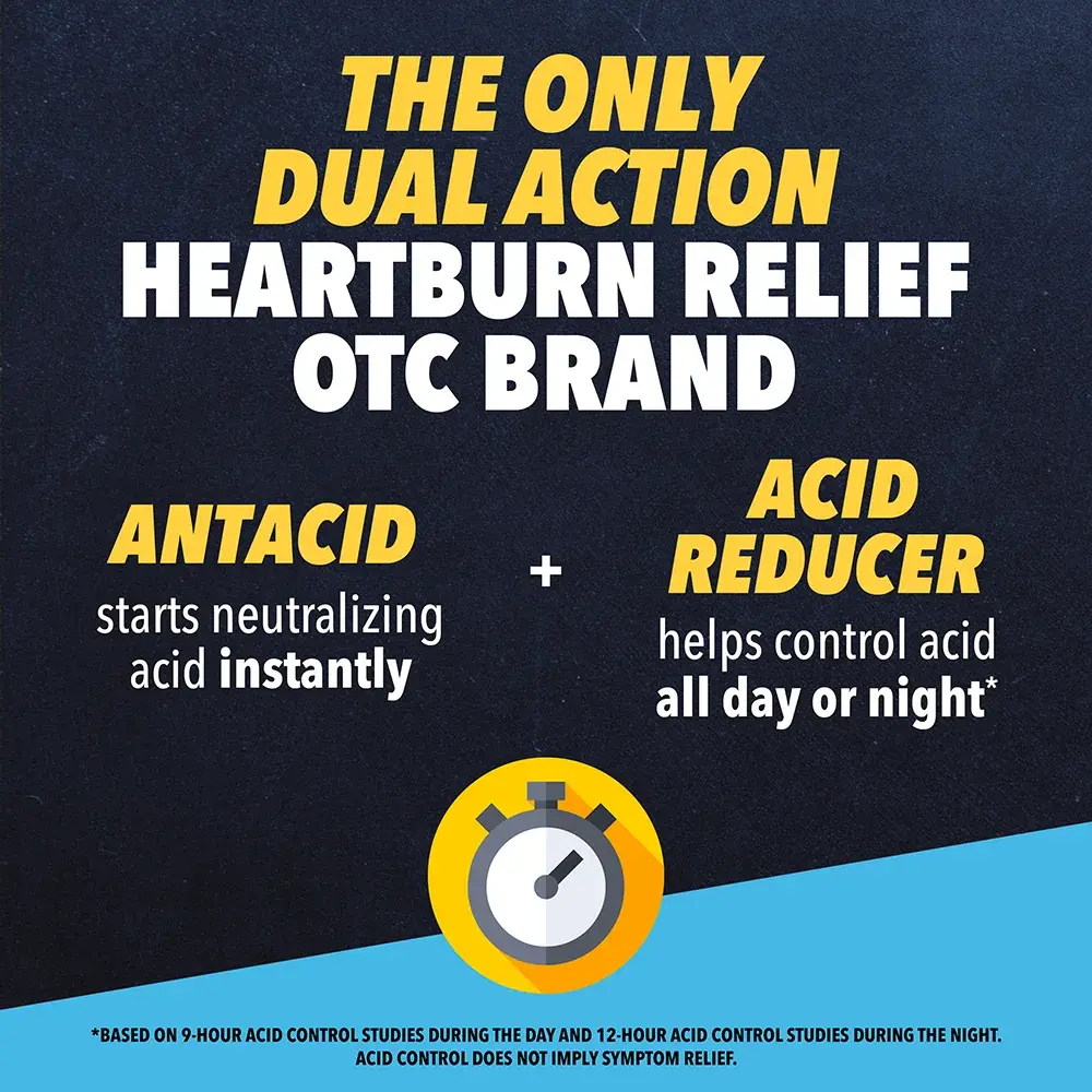 Pepcid® is a dual-action OTC heartburn relief medicine that is an antacid and acid reducer.