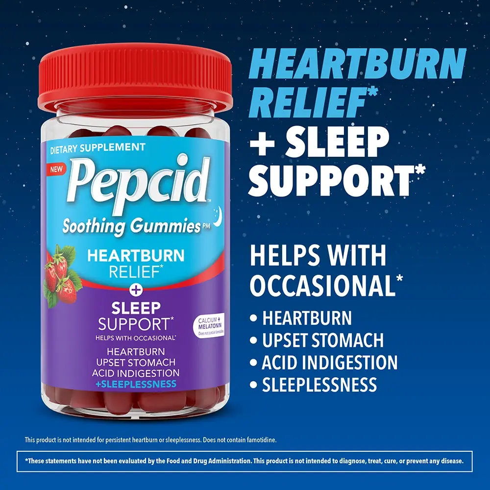 Jar of Pepcid Gummies showcasing heartburn relief and sleep support benefits, ideal dietary supplement.