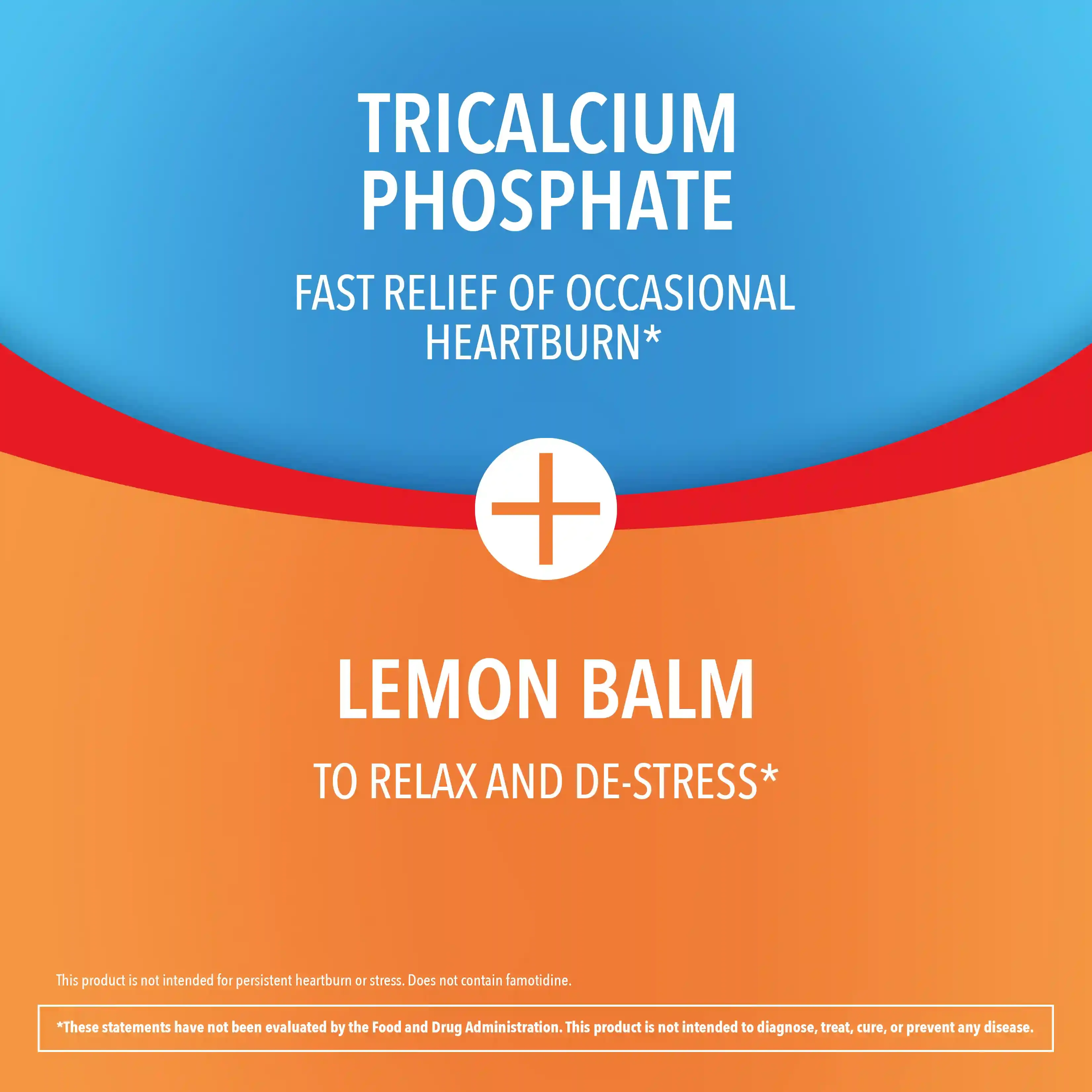 Tricalcium Phosphate formula for fast heartburn relief and stress relief from lemon balm, set against a blue and orange background