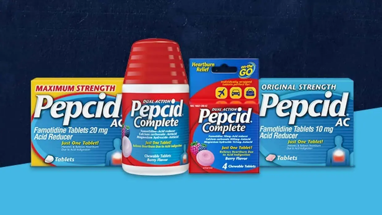 Pepcid AC Maximum Strength, Pepcid Complete, Pepcid Complete Travel, and Pepcid AC Original Strength
