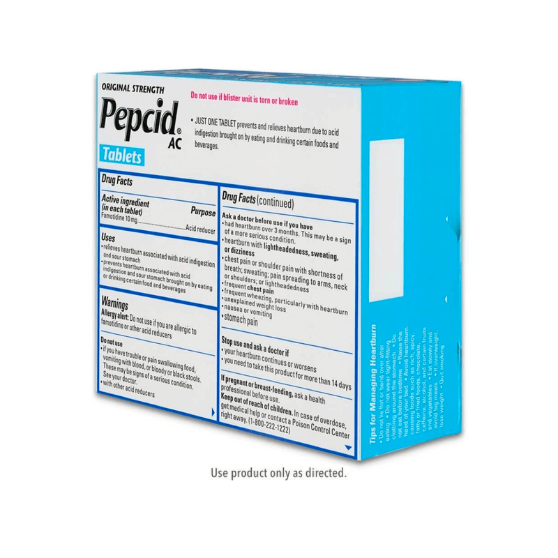 Original Strength Pepcid® AC back of package rotated to the side