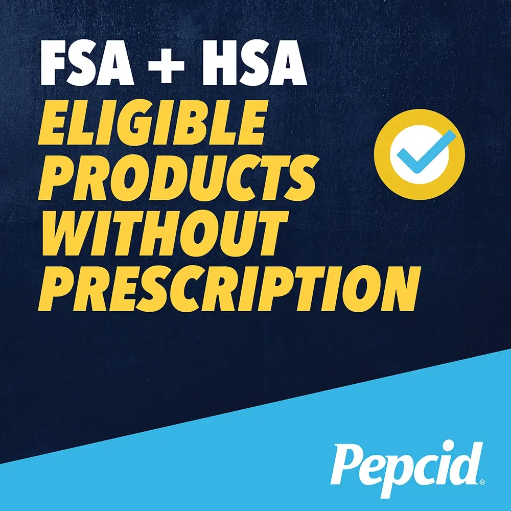 Pepcid logo highlighting FSA and HSA eligible products without a prescription, marked with a blue checkmark.