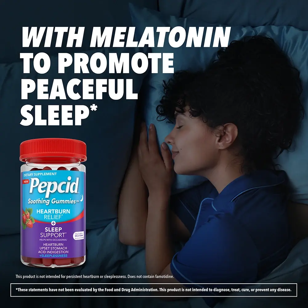 Pepcid Soothing Gummies placed next to a serene woman sleeping, promoting restful nights.