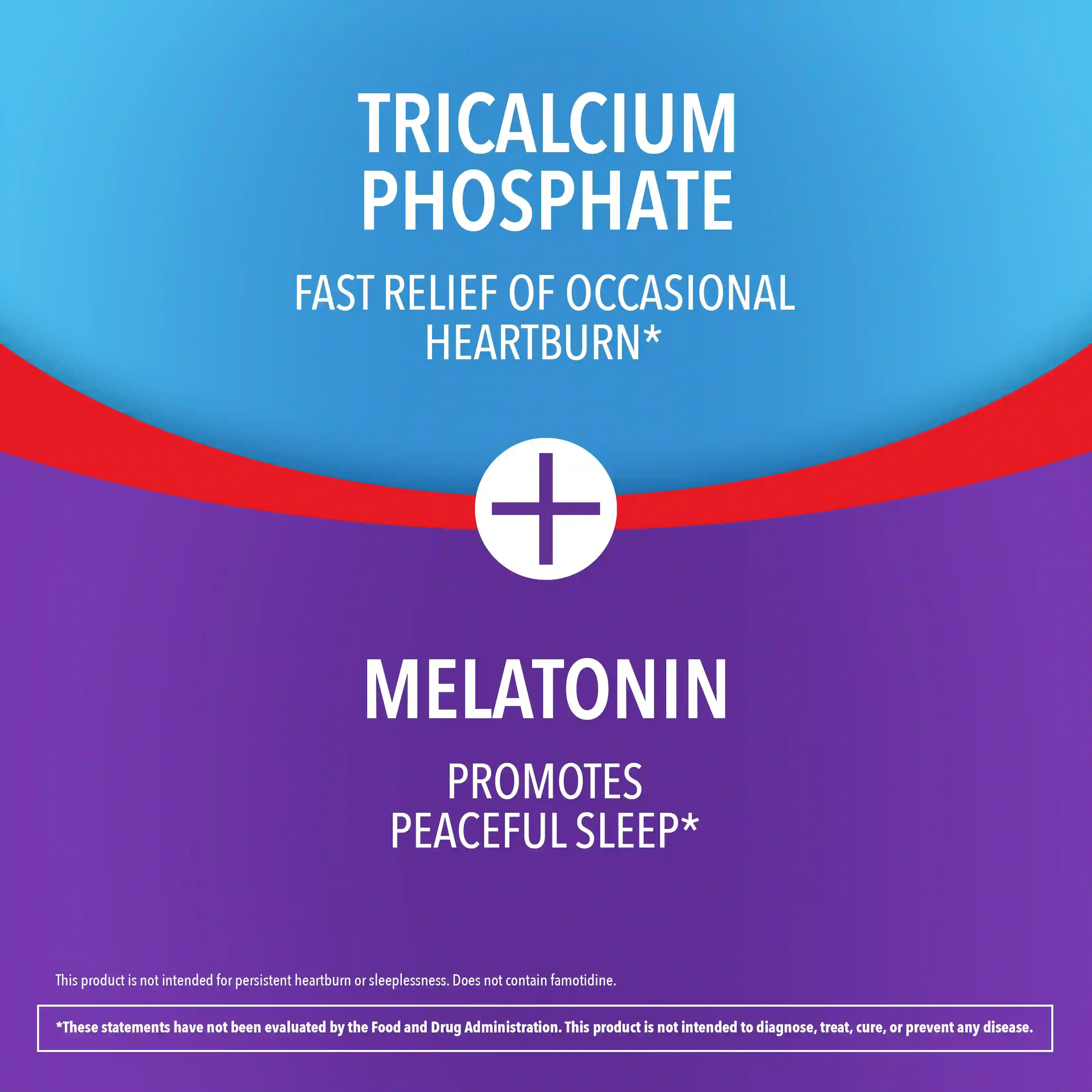 Heartburn relief with Tricalcium Phosphate and Melatonin, supporting restful sleep in a dietary supplement.
