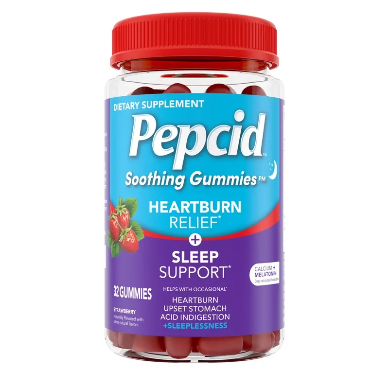 PEPCID Soothing Gummies Heartburn + Sleep front of bottle