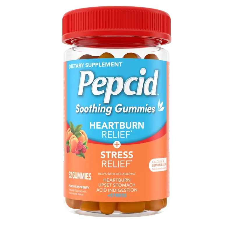 PEPCID Soothing Gummies Heartburn + Stress Relief front of bottle