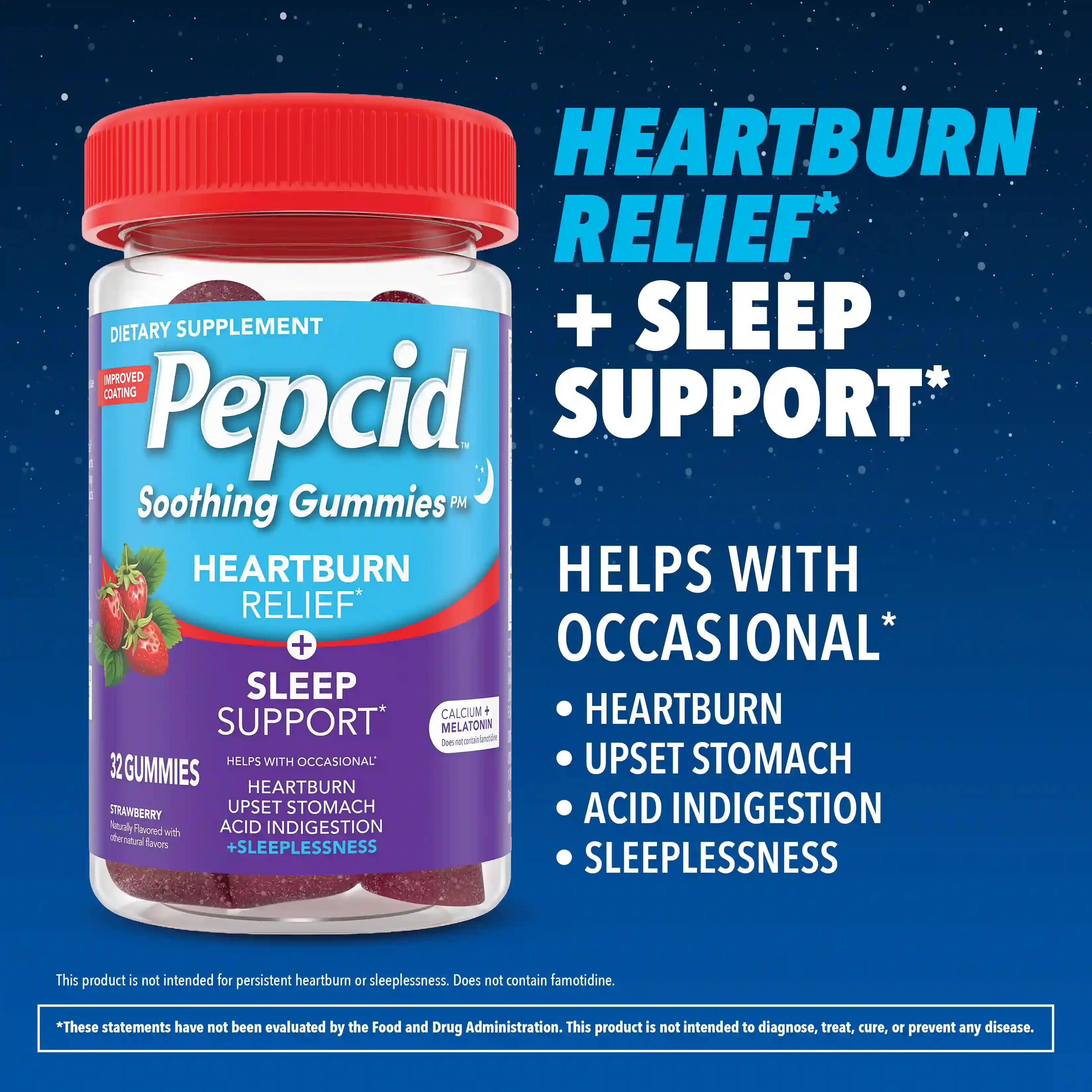 PEPCID® Gummies showcasing heartburn relief and sleep support benefits, an ideal dietary supplement