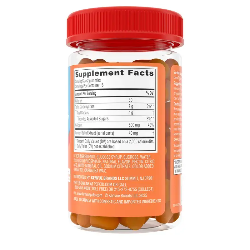 PEPCID Soothing Gummies Heartburn + Stress Relief front of bottle Supplement Facts