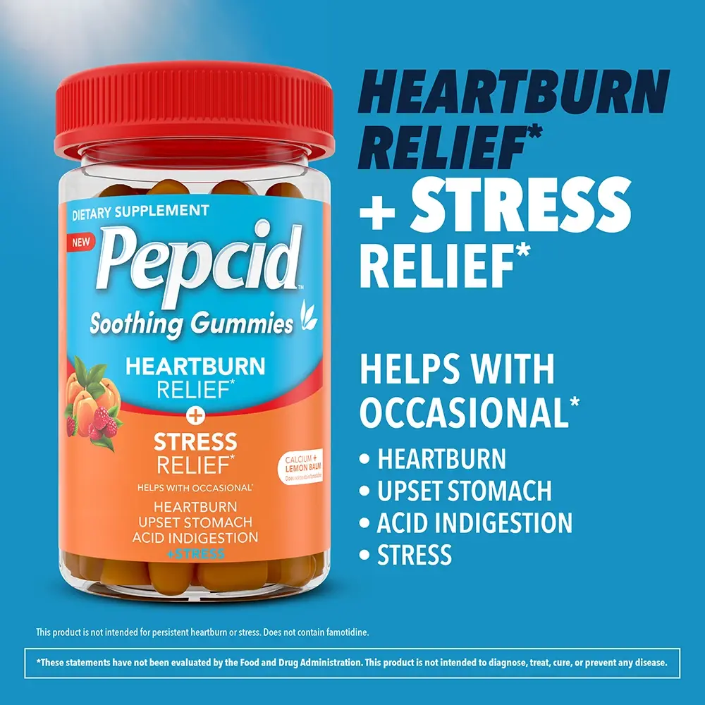 ar of Pepcid Gummies showcasing heartburn relief and stress support benefits, ideal dietary supplement.
