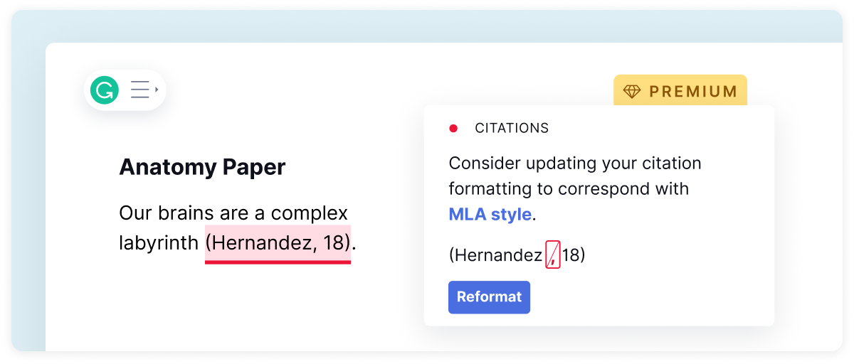 Showing an example of the Citations feature in the Grammarly product