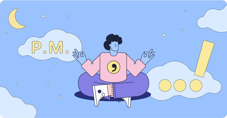 Colorful graphic of a person sitting among clouds and punctuation marks in a meditation pose.