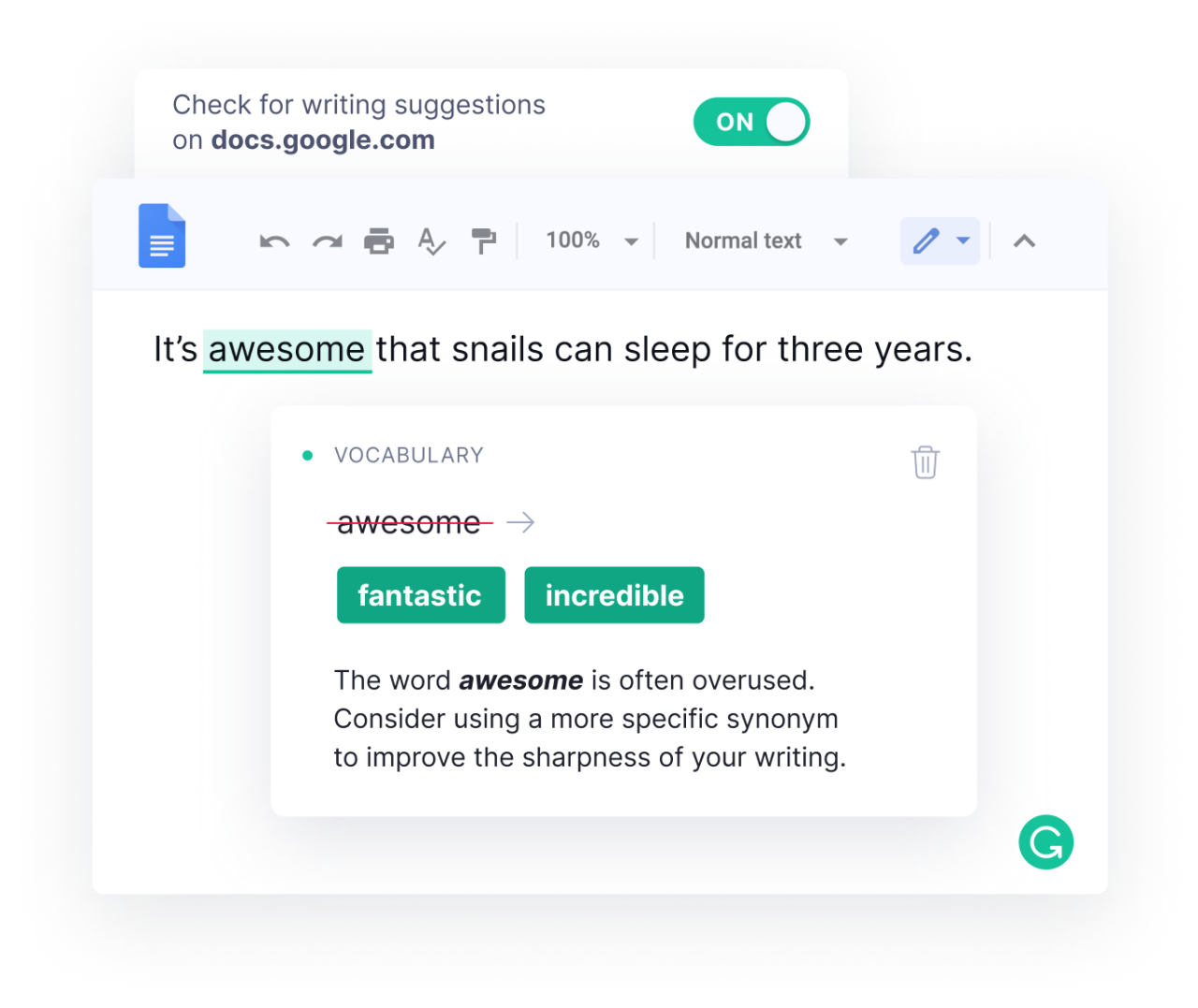 Write clearly and mistake-free in Google Docs with Grammarly's real-time, AI-powered writing assistant.