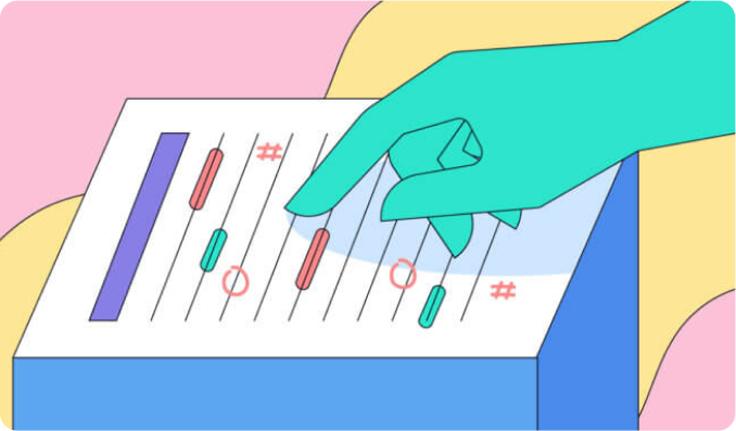 Illustration of a hand touching a document that has Grammarly proofreading suggestions on it.