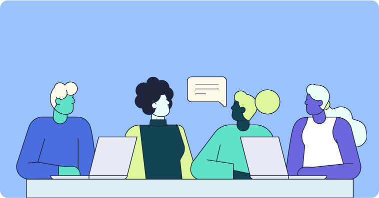 Colorful graphic of people sitting at a table conversing. 