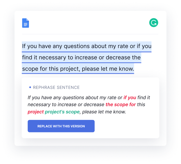 A Grammarly prompt showing how to rephrase a sentence 