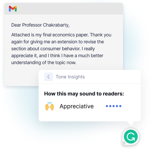 Tone detector suggestion showing that the tone of a Gmail is appreciative and formal