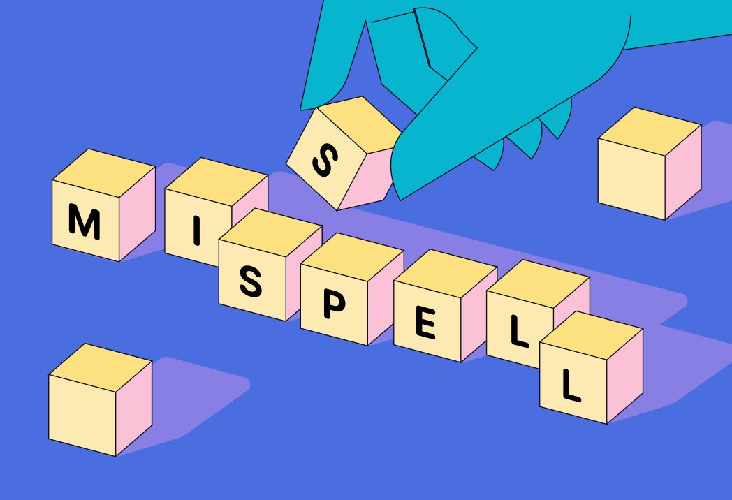 A hand arranges letter blocks to add an "S" to the word "Mispell". 