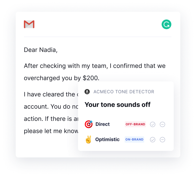 An example of how Grammarly can show that the user's tone is off in a message