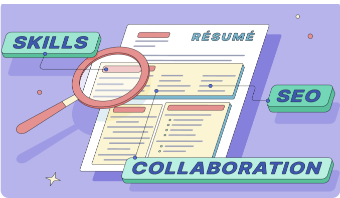 Skills, SEO, Collaboration illustrated on a resume template