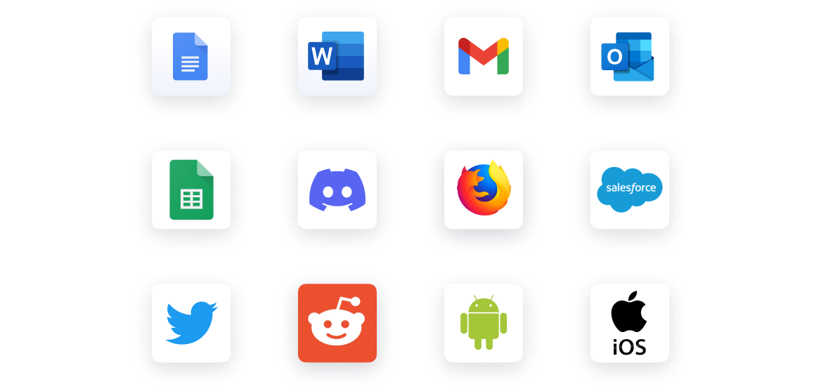 Icons for Microsoft Word, Google Docs, Gmail, Outlook, Google Sheets, Discord, Firefox, Salesforce, Twitter, Reddit, Android, and iOS.
