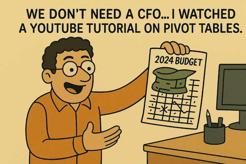 Startup founder proudly holds messy "2024 Budget" sheet, claiming he learned everything from a YouTube pivot table tutorial.
