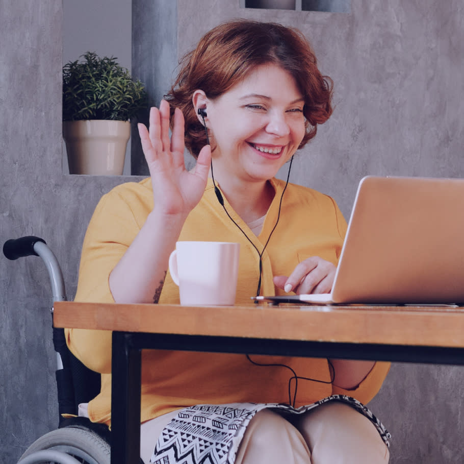 Employer waving at camera