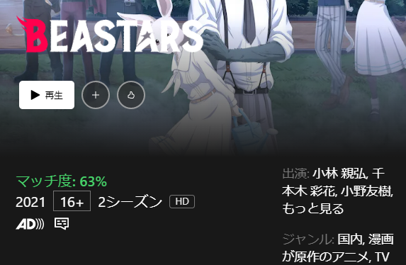 Netflix TVアニメ『BEASTARS ビースターズ（1期、2期）』再生ページ画面キャプチャ