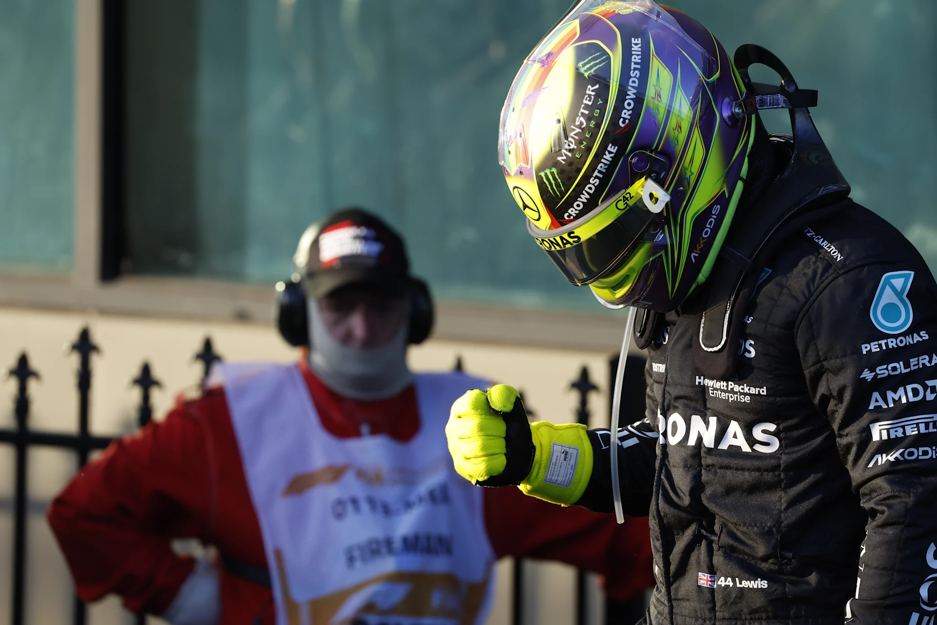 Lewis Hamilton celebrates at the Australian Grand Prix.