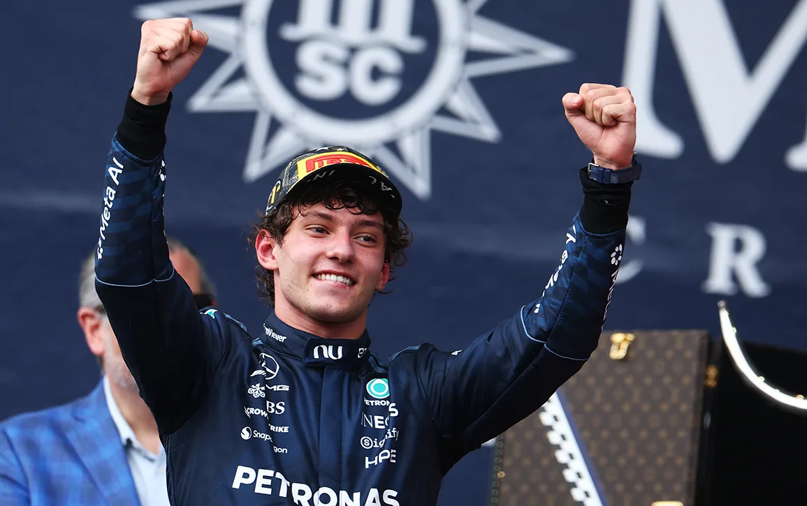 Kimi Antonelli celebrates his 2026 United States Grand Prix victory for Mercedes