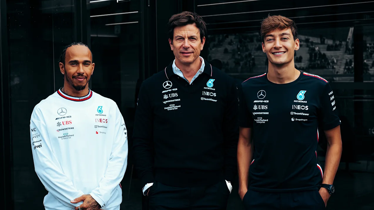 Team Principal & CEO Toto Wolff with drivers Lewis Hamilton & George Russell
