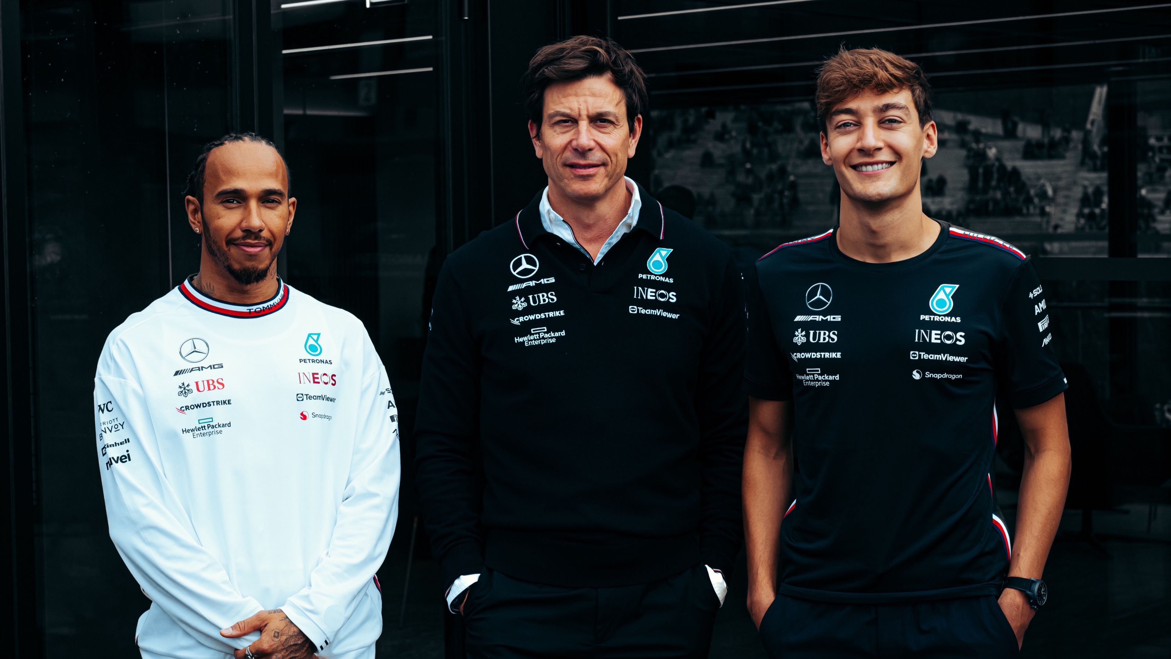 Team Principal & CEO Toto Wolff with drivers Lewis Hamilton & George Russell