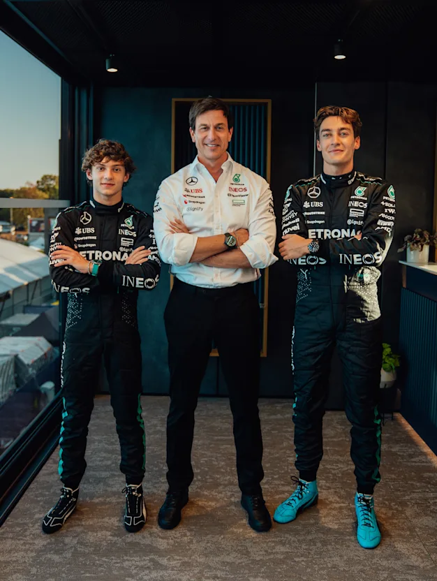 Kimi Antonelli, Toto Wolff and George Russell
