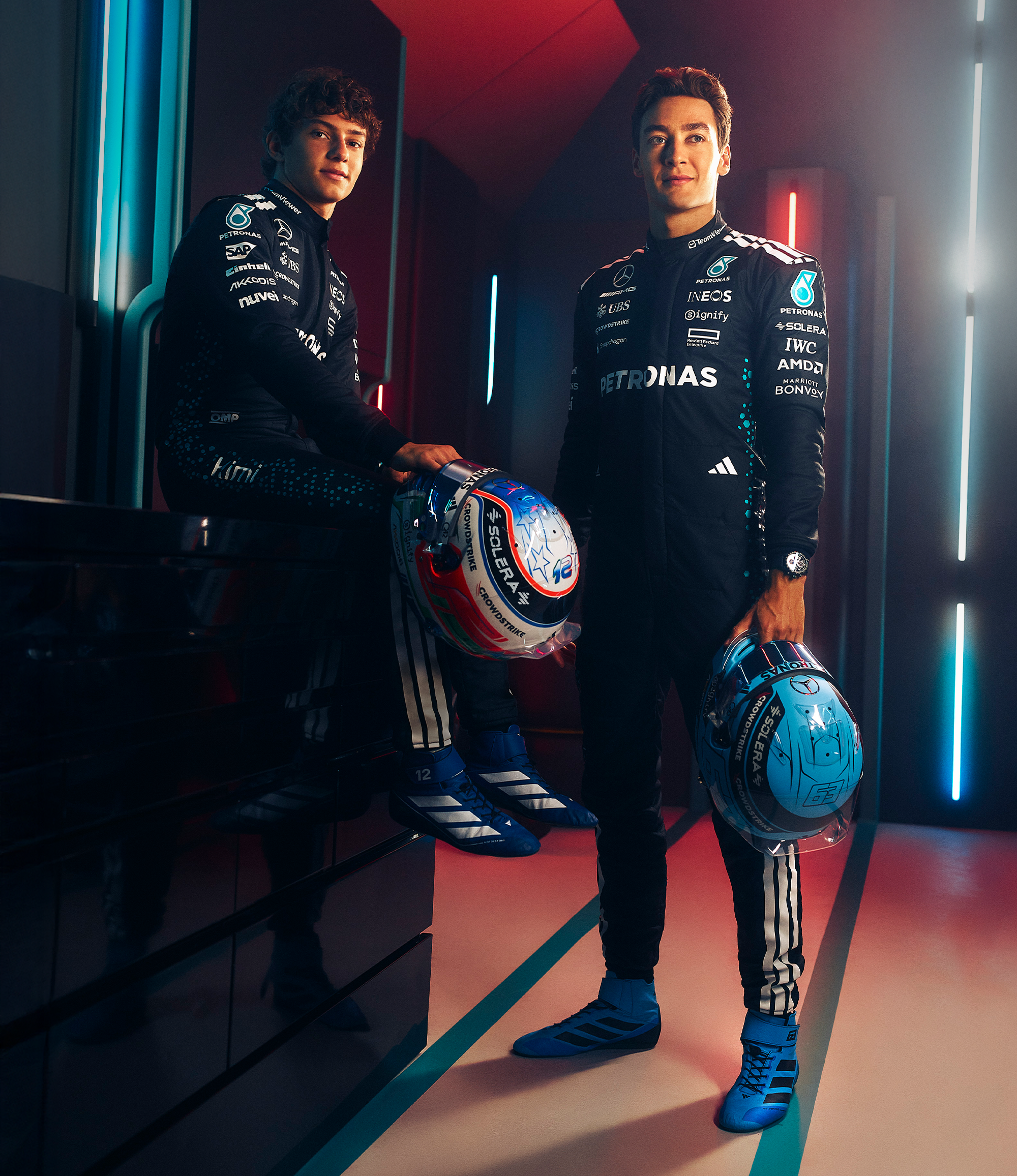 Kimi Antonelli and George Russell in Mercedes 2026 race suits
