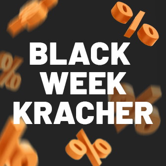 Black Week Kracher Schriftzug mit fliegenden Prozentezeichen drumherum