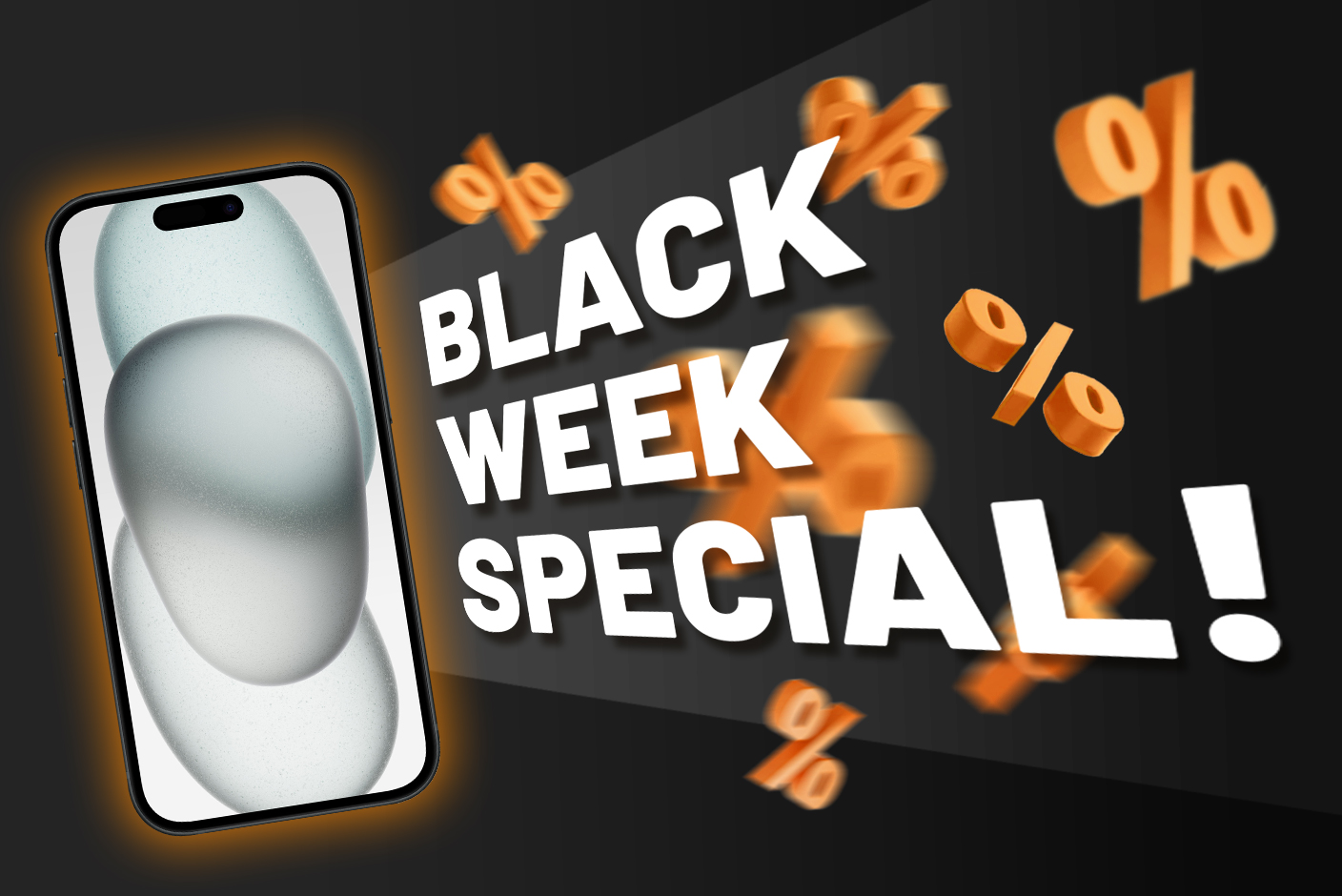 Das iPhone 15 mit dem Schriftzug Black Week Special und fliegenden Prozentezeichen