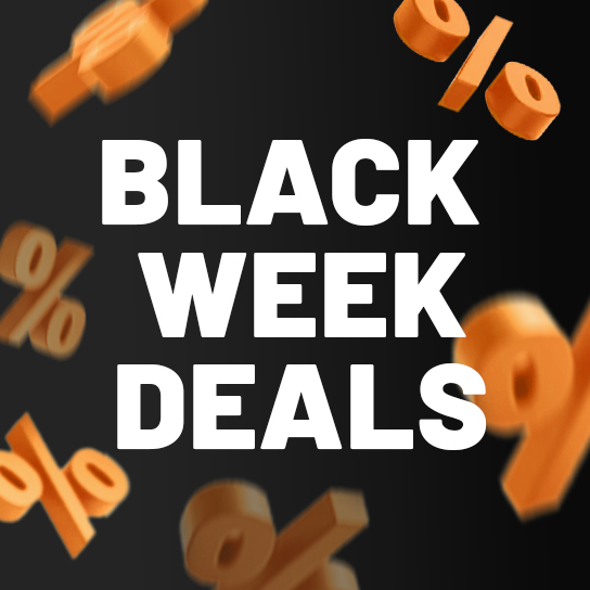 Black Week Deals Schriftzug mit fliegenden Prozentezeichen drumherum 