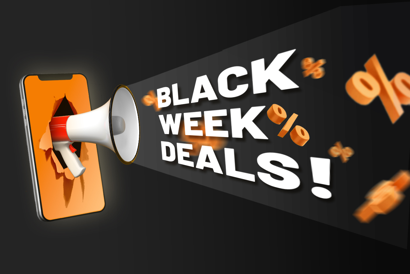 Aus einem Handy schaut ein Megaphone raus, welches den Schriftzug Black Week Deals und Prozentezeichen ausruft