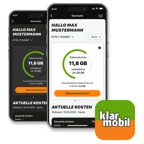 km App auf Smartphones klarmobil App geöffnet auf Smartphones sowie klarmobil App Icon.