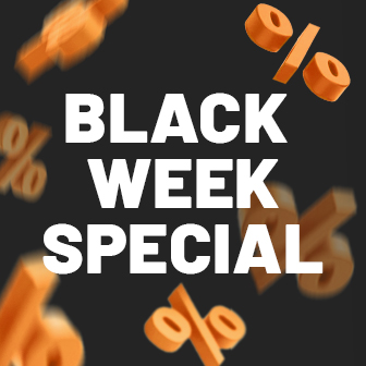 Black Week Special Schriftzug mit fliegenden Prozentezeichen drumherum