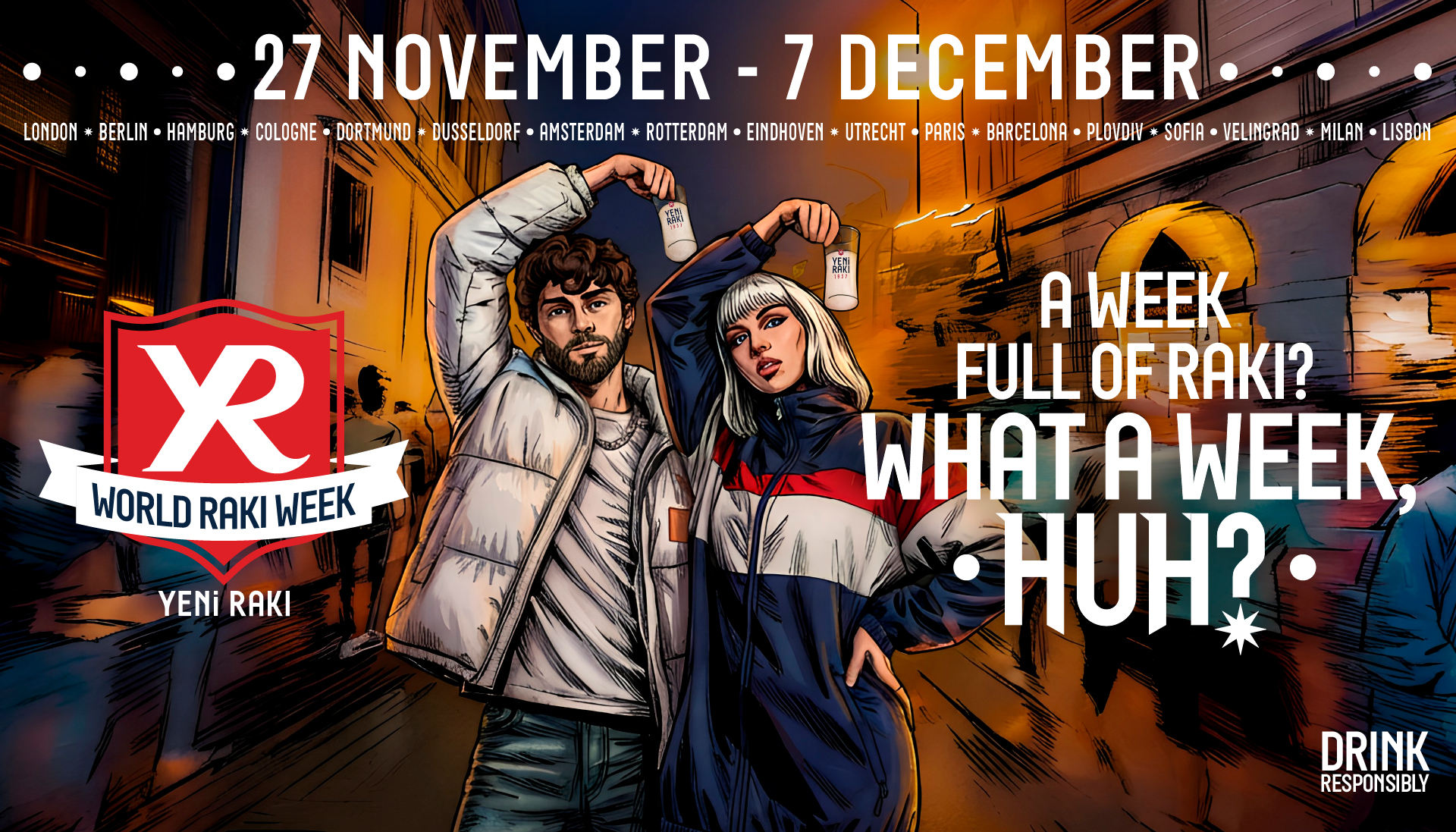 Promotional image for World Raki Week featuring bold text announcing the event dates, 27 November to 7 December