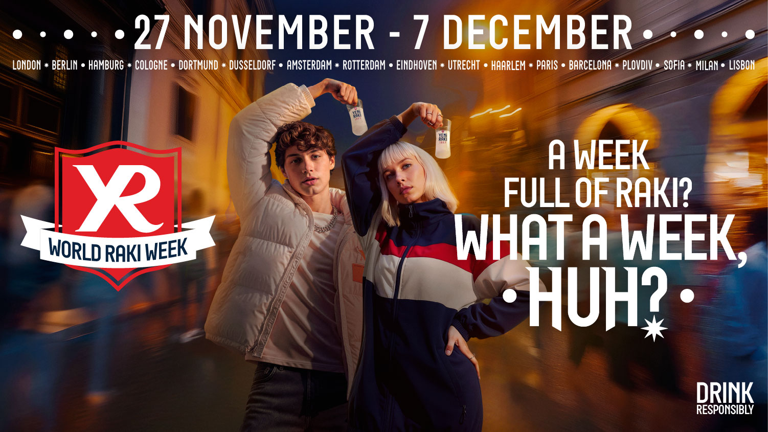 Promotional image for World Raki Week featuring bold text announcing the event dates, 27 November to 7 December