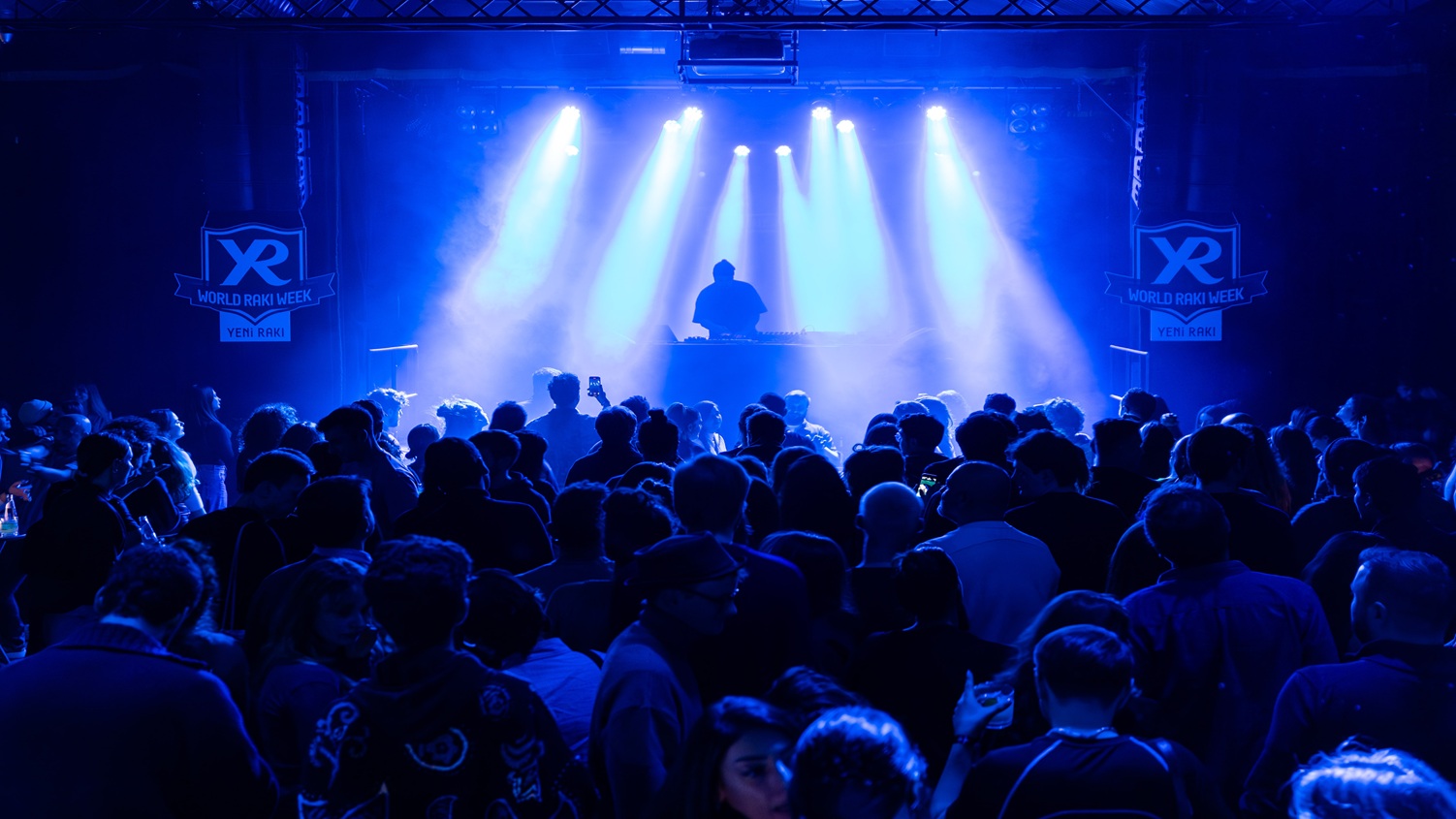 Concert scene with a DJ performing on stage under vibrant blue lighting, creating an energetic atmosphere.